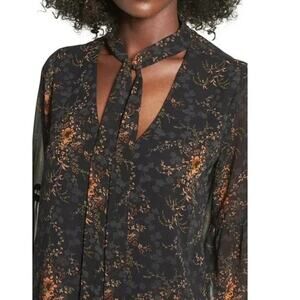 LUSH S Semi-Sheer Dark Floral Print Long Sleeve Tie Neck Blouse Top Shirt